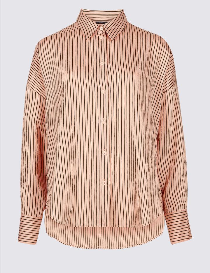 Marks & Spencer Dipped Hem Striped Long Sleeve Shirt Pink Mix