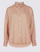 Marks & Spencer Dipped Hem Striped Long Sleeve Shirt Pink Mix