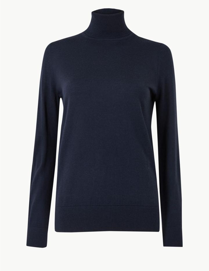Marks & Spencer Pure Merino Wool Roll Neck Jumper Navy