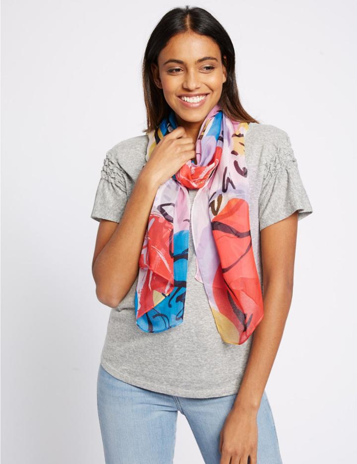 Marks & Spencer Pure Silk Floral Print Scarf White Mix