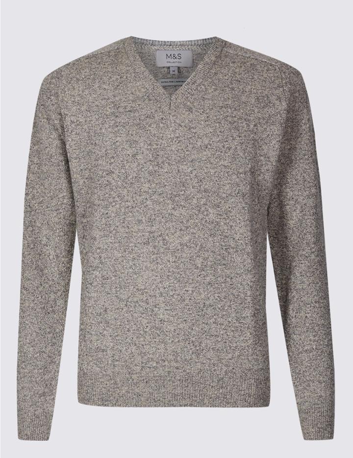 Marks & Spencer Pure Extra Fine Lambswool V-neck Jumper Putty