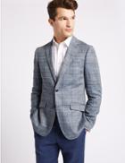 Marks & Spencer Pure Linen Tailored Fit Checked Jacket Light Blue