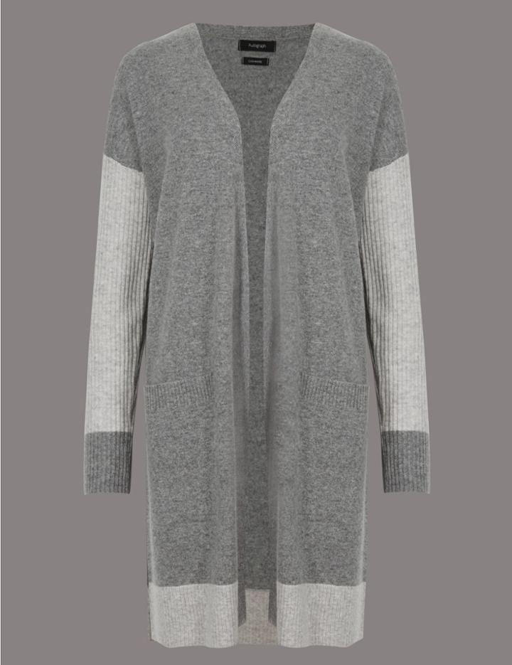 Marks & Spencer Pure Cashmere Open Front 2 Pocket Cardigan Grey Mix