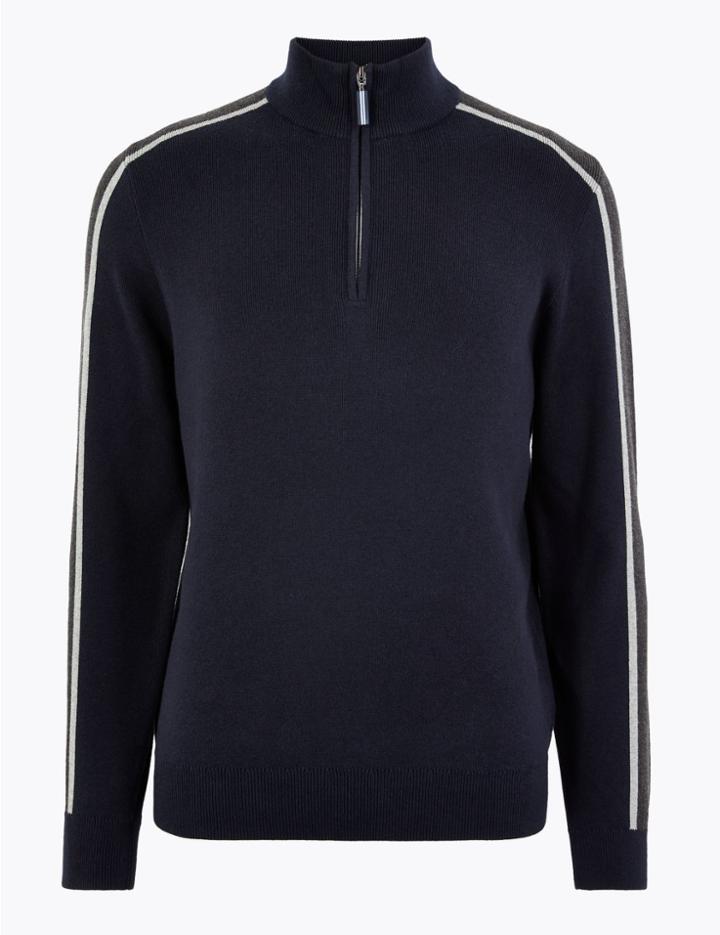 Marks & Spencer Pure Cotton Half Zip Striped Jumper Navy Mix