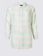 Marks & Spencer Curve Pure Linen Checked Long Sleeve Shirt Aqua Mix