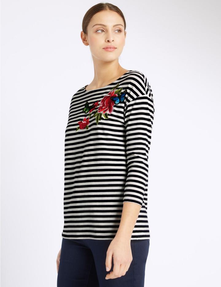 Marks & Spencer Striped Slash Neck 3/4 Sleeve T-shirt Navy Mix