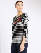 Marks & Spencer Striped Slash Neck 3/4 Sleeve T-shirt Navy Mix