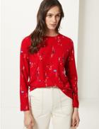 Marks & Spencer Printed Round Neck Long Sleeve T-shirt Red Mix