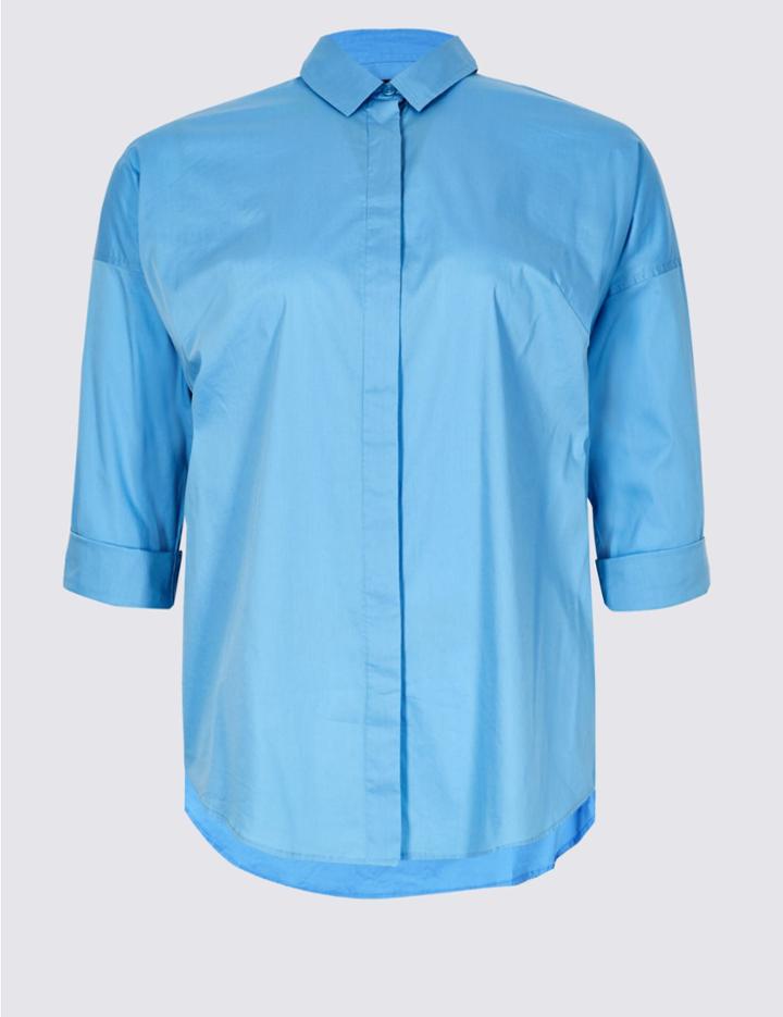 Marks & Spencer Curve Cotton Rich Long Sleeve Shirt Fresh Blue