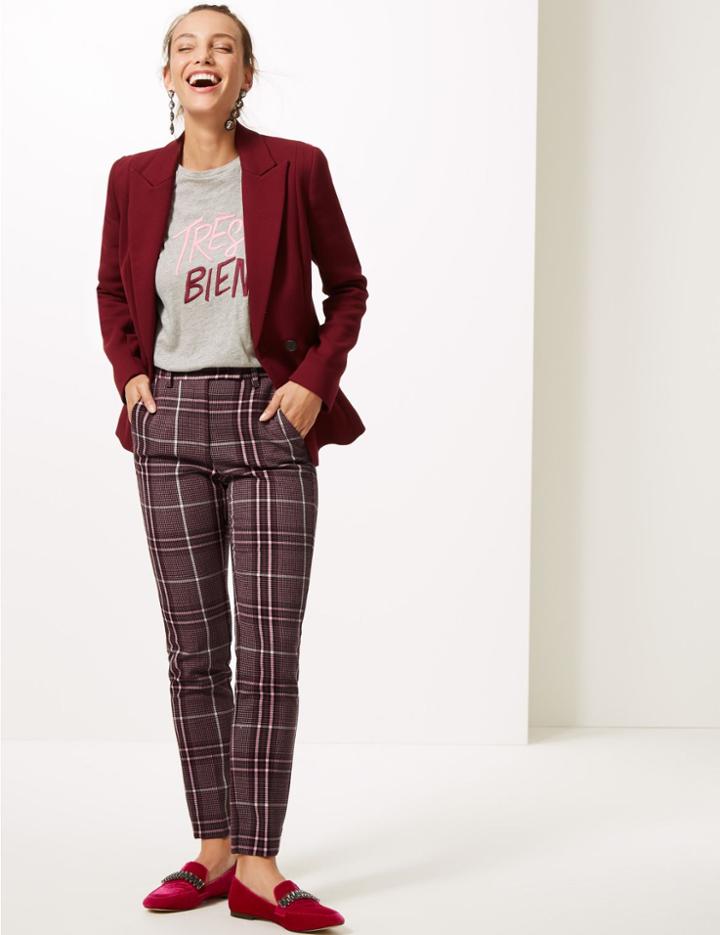 Marks & Spencer Checked Ankle Grazer Trousers Pink Mix