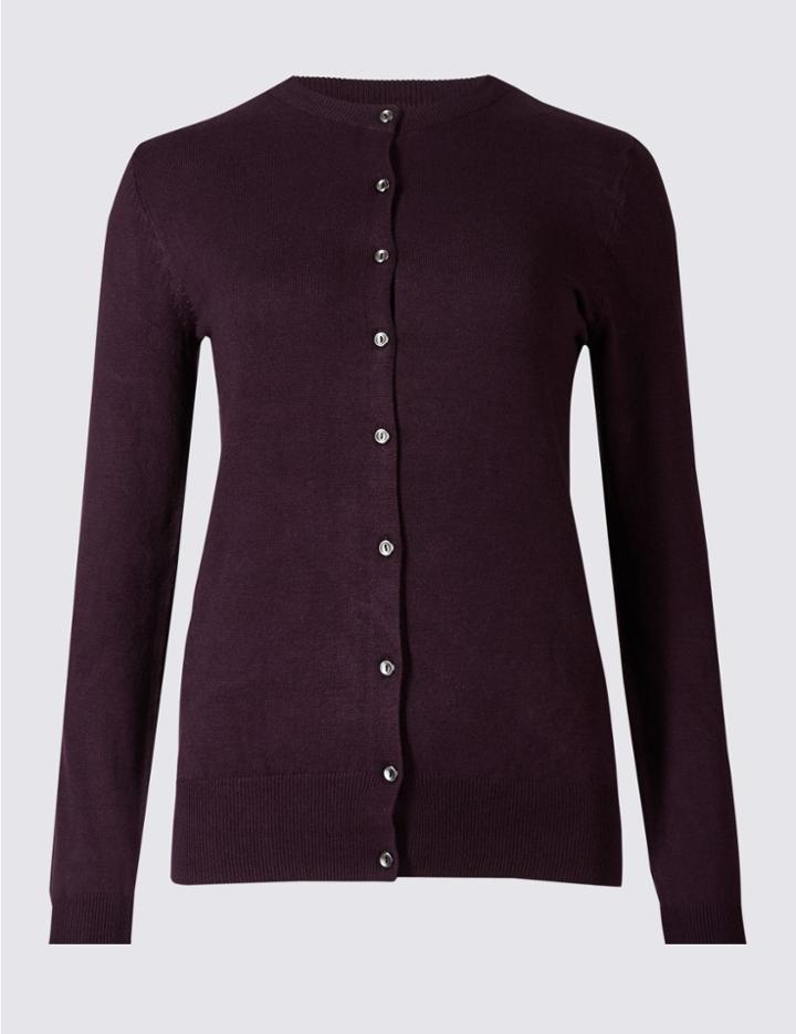 Marks & Spencer Ribbed Round Neck Cardigan Dark Grape