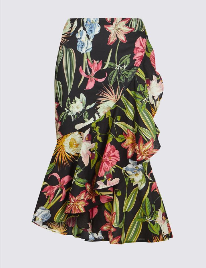 Marks & Spencer Frill Hem Floral Print Wrap Skirt Black Mix