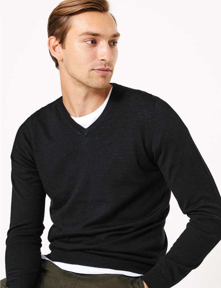 Marks & Spencer Extra Fine Merino V Neck Jumper Black