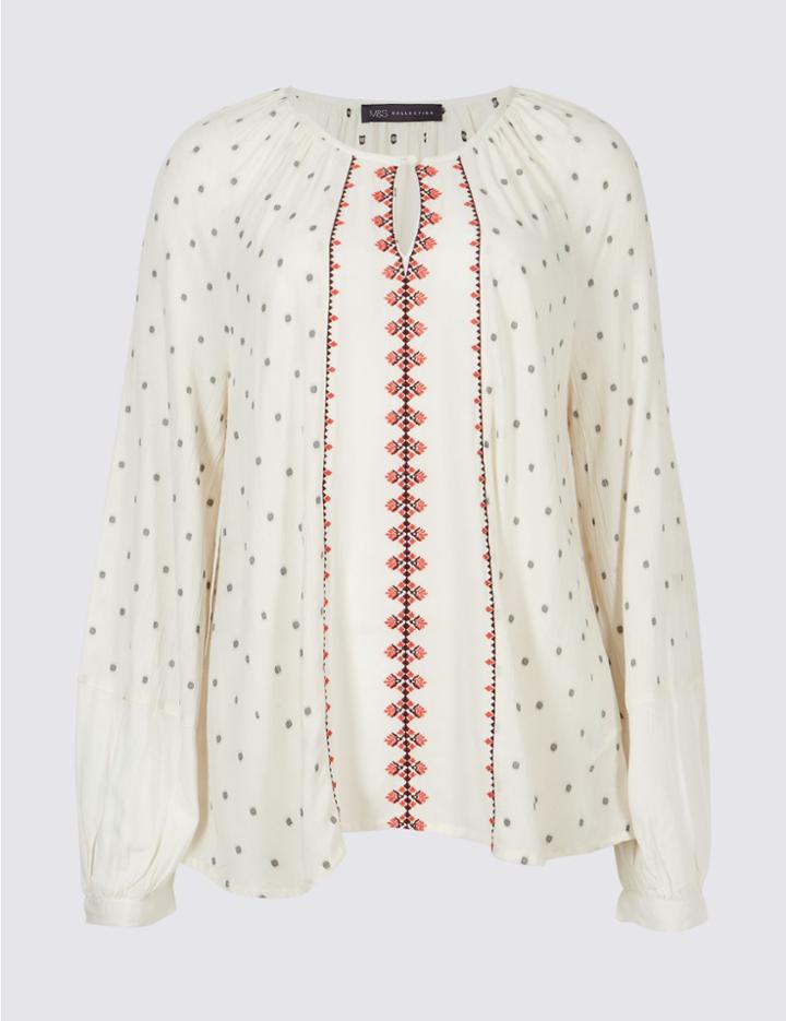 Marks & Spencer Jacquard Print Round Neck Long Sleeve Blouse Ivory Mix