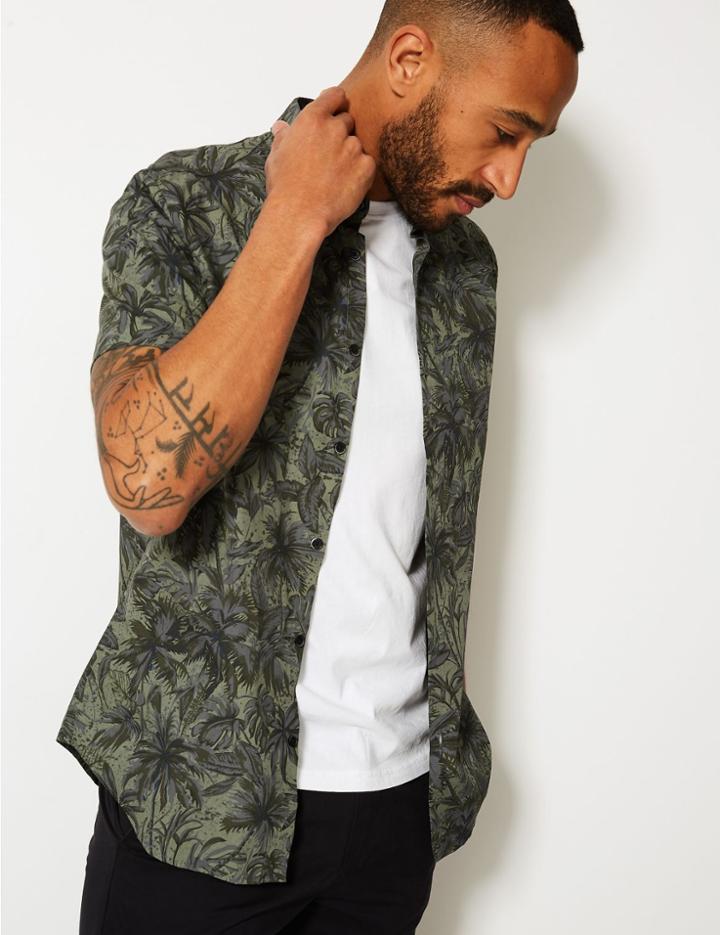 Marks & Spencer Pure Cotton Palm Print Shirt Khaki Mix