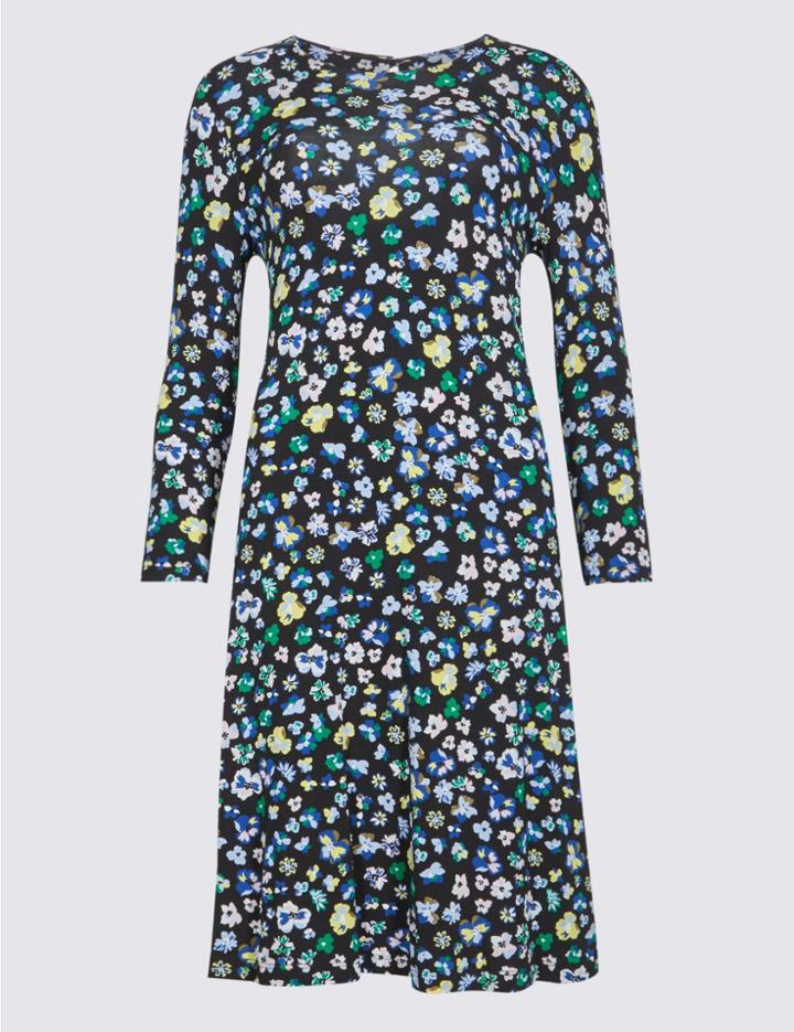 Marks & Spencer Floral Print Long Sleeve Swing Dress Black Mix