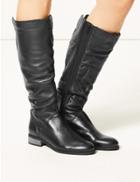 Marks & Spencer Leather Block Heel Ruched Knee Boots Black