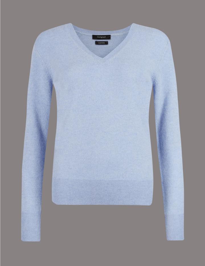 Marks & Spencer Pure Cashmere Ribbed Hem V-neck Jumper Bluebell