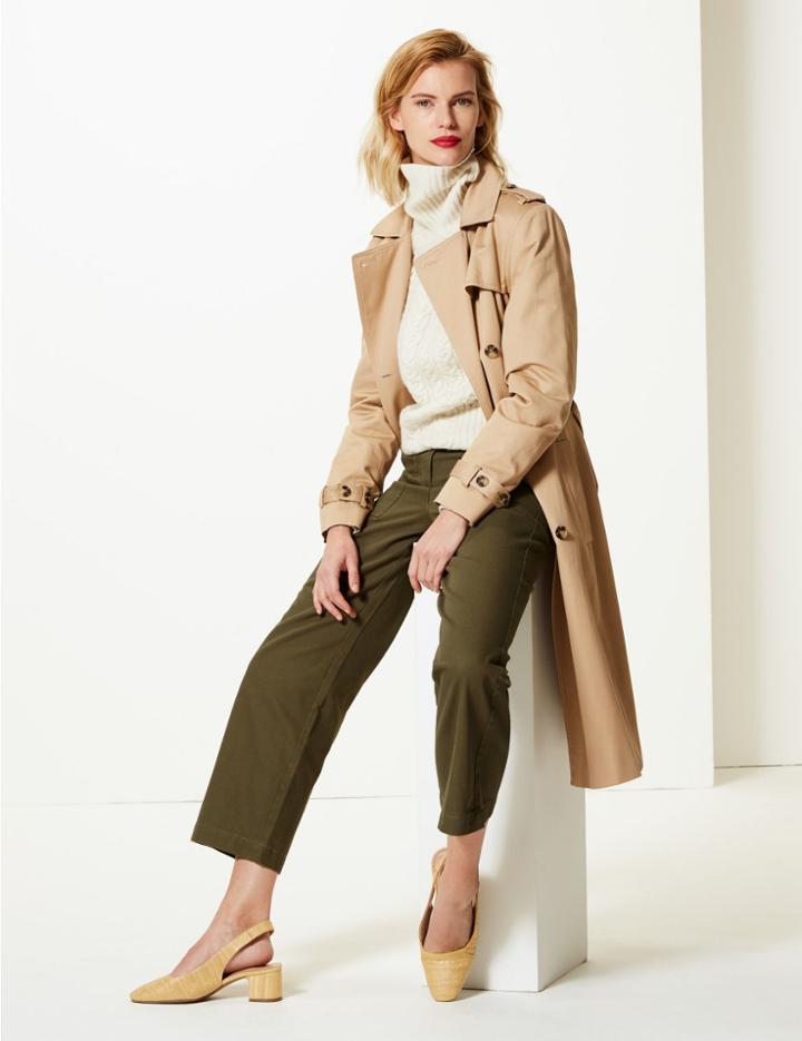 Marks & Spencer Pure Cotton Wide Leg Ankle Grazer Trousers Khaki