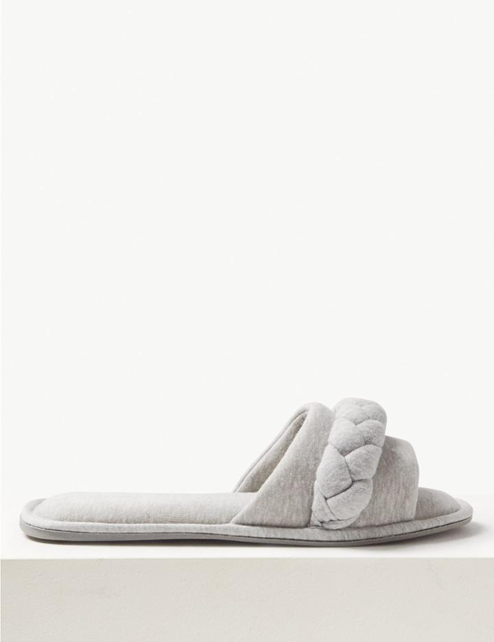 Marks & Spencer Plait Flattie Mule Slippers Mid Grey Marl