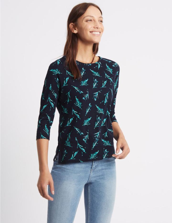 Marks & Spencer Cotton Rich Feather Print T-shirt Navy Mix