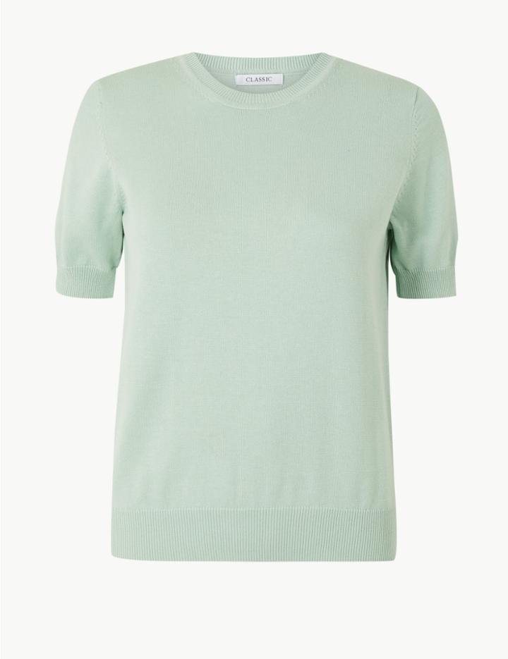 Marks & Spencer Pure Cotton Round Neck Short Sleeve Jumper Mint