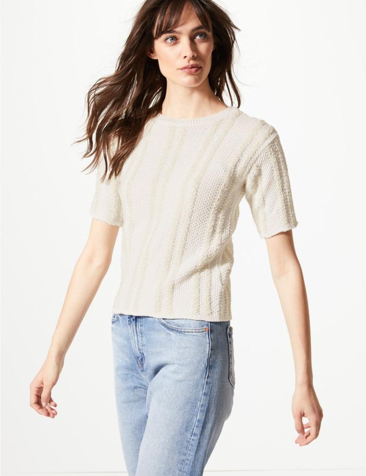Marks & Spencer Textured Round Neck Short Sleeve Jumper Cream