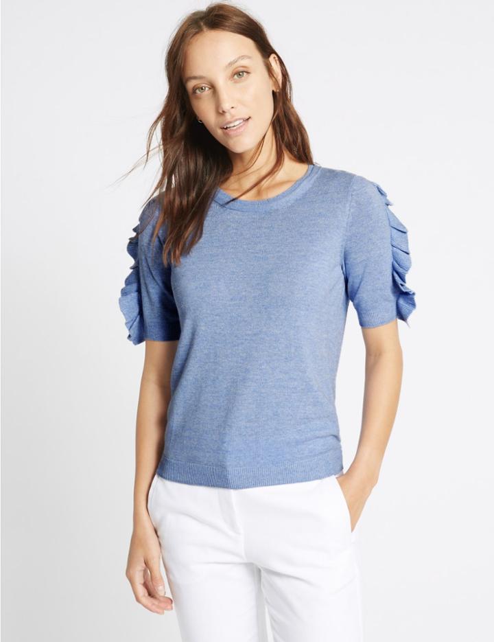 Marks & Spencer Ruffle Sleeve Round Neck Jumper Rich Blue