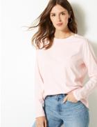 Marks & Spencer Pure Cotton Long Sleeve Straight Fit T-shirt Light Pink