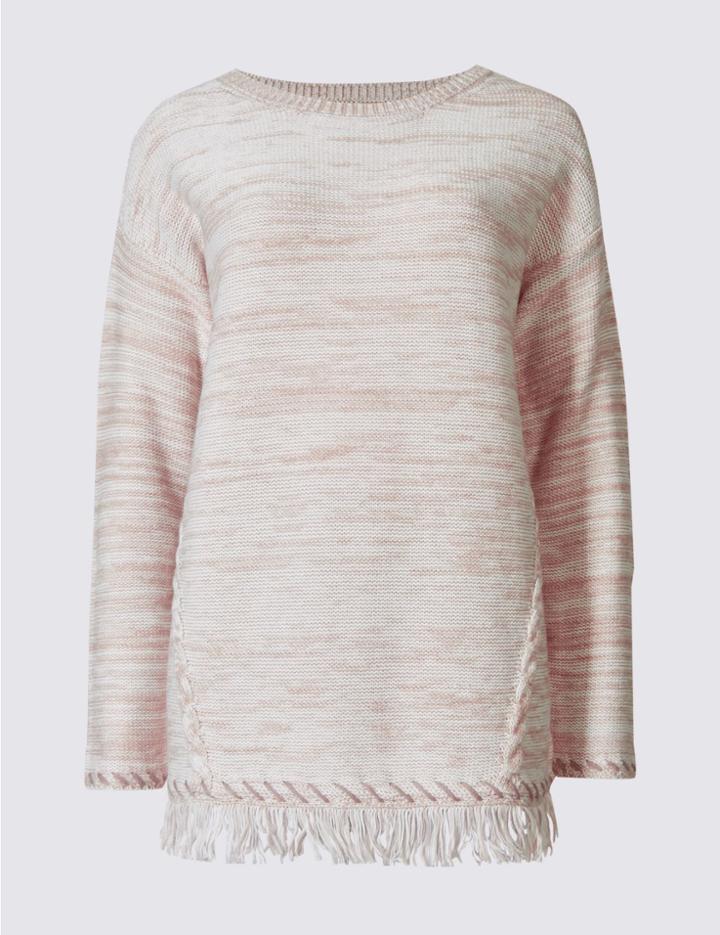 Marks & Spencer Textured Fringe Hem Slash Neck Jumper Dusted Pink