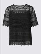 Marks & Spencer Petite All Over Lace Half Sleeve Jersey Top Black