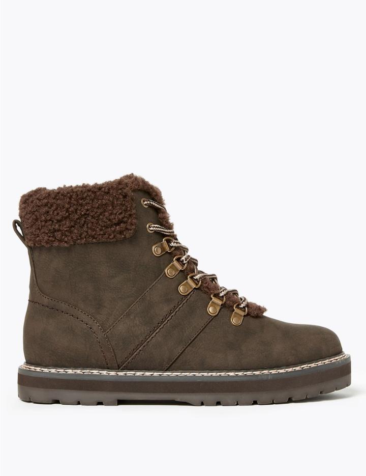 Marks & Spencer Faux Fur Hiker Ankle Boots Dark Chocolate
