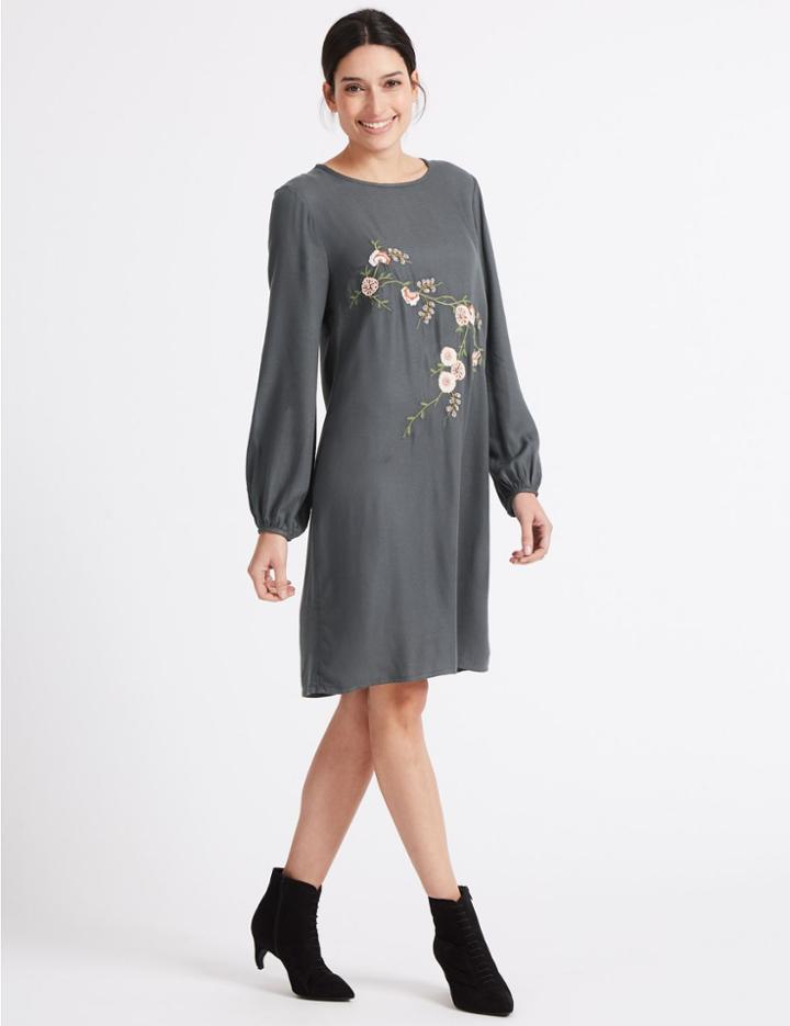 Marks & Spencer Embroidered Balloon Sleeve Tunic Dress Grey
