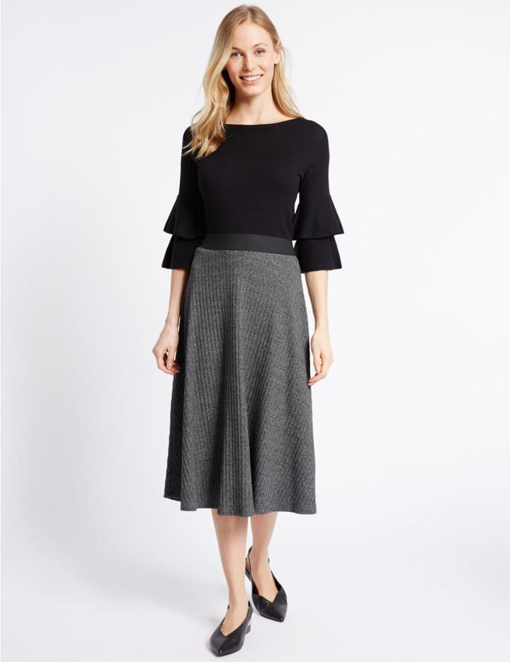 Marks & Spencer Cotton Rich Ribbed A-line Midi Skirt Charcoal Mix