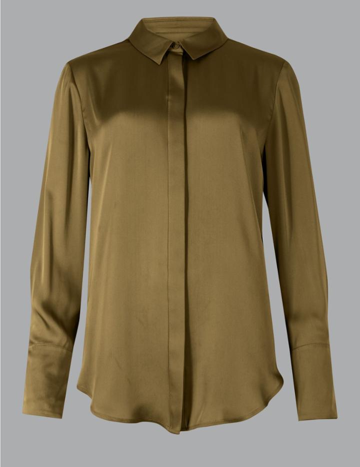Marks & Spencer Satin Long Sleeve Shirt Khaki