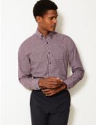 Marks & Spencer Cotton Blend Easy To Iron Slim Fit Shirt Burgundy Mix