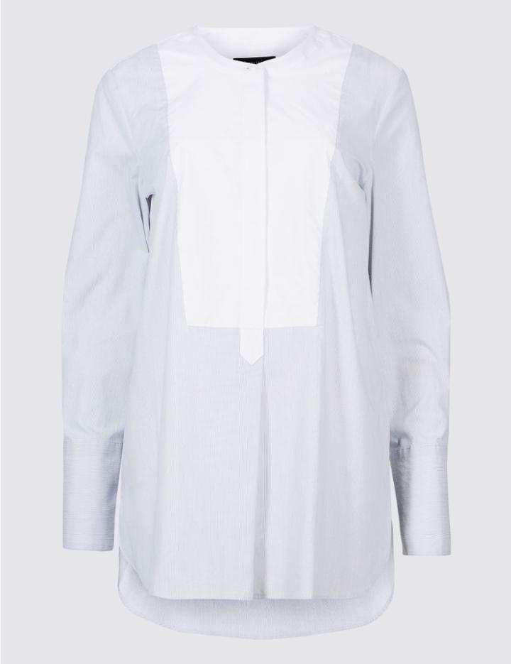 Marks & Spencer Pure Cotton Striped Long Sleeve Shirt White Mix