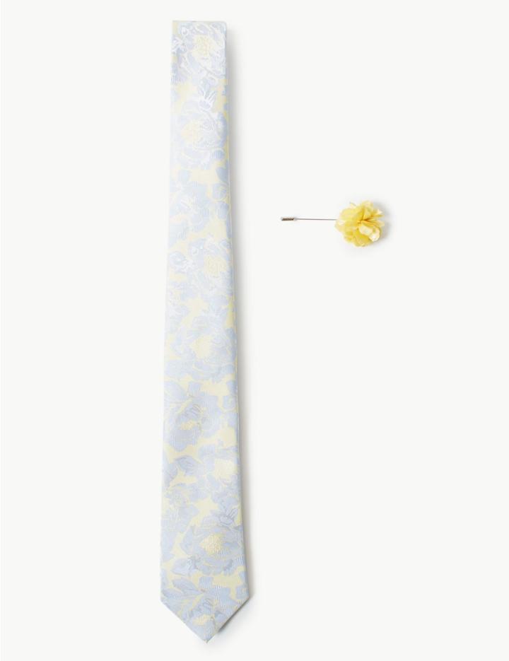 Marks & Spencer Floral Tie & Lapel Pin Set Yellow Mix
