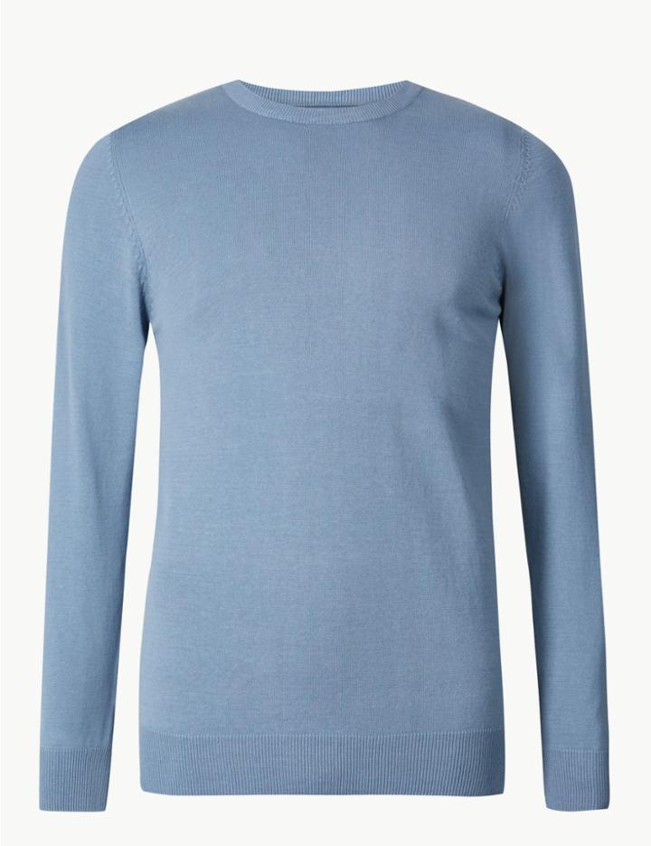 Marks & Spencer Pure Cotton Crew Neck Jumper Blue