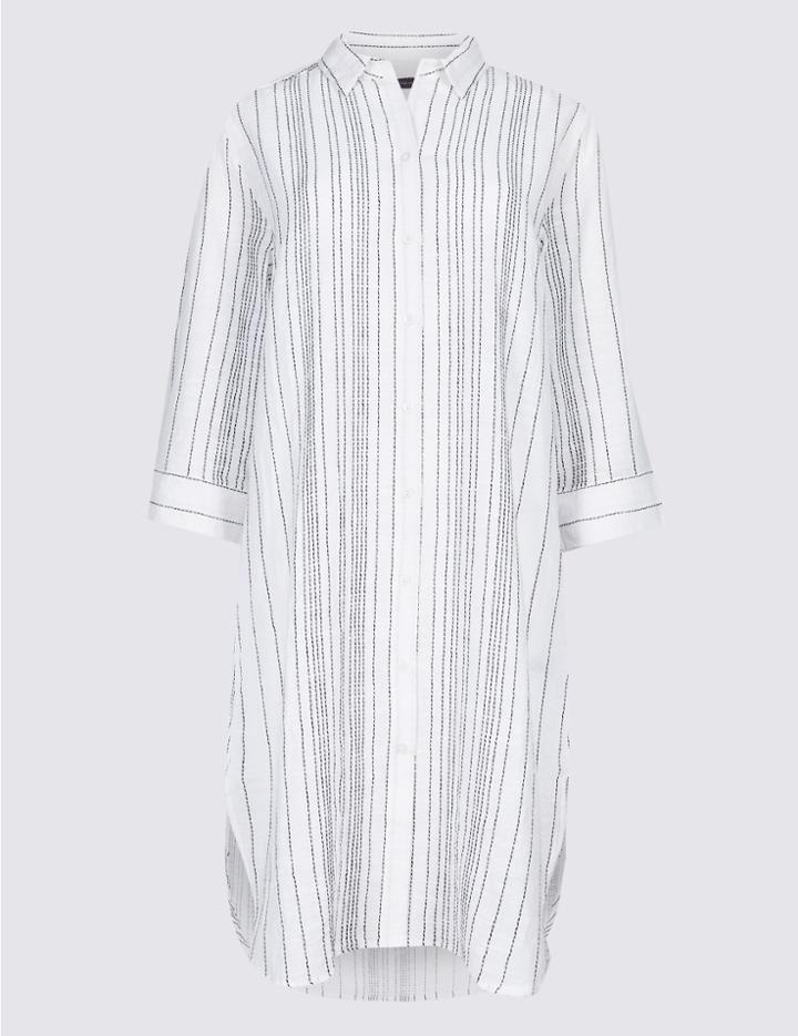 Marks & Spencer Pure Cotton Striped Shirt Dress White Mix