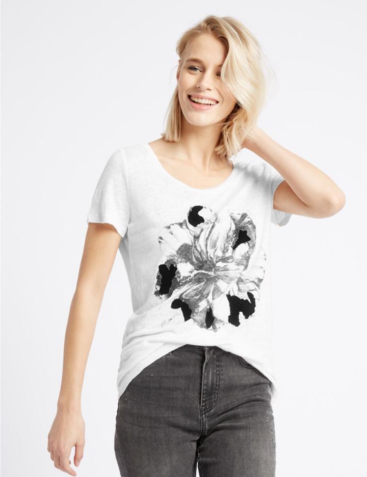 Marks & Spencer Pure Linen Graphic Print Jersey Top White Mix