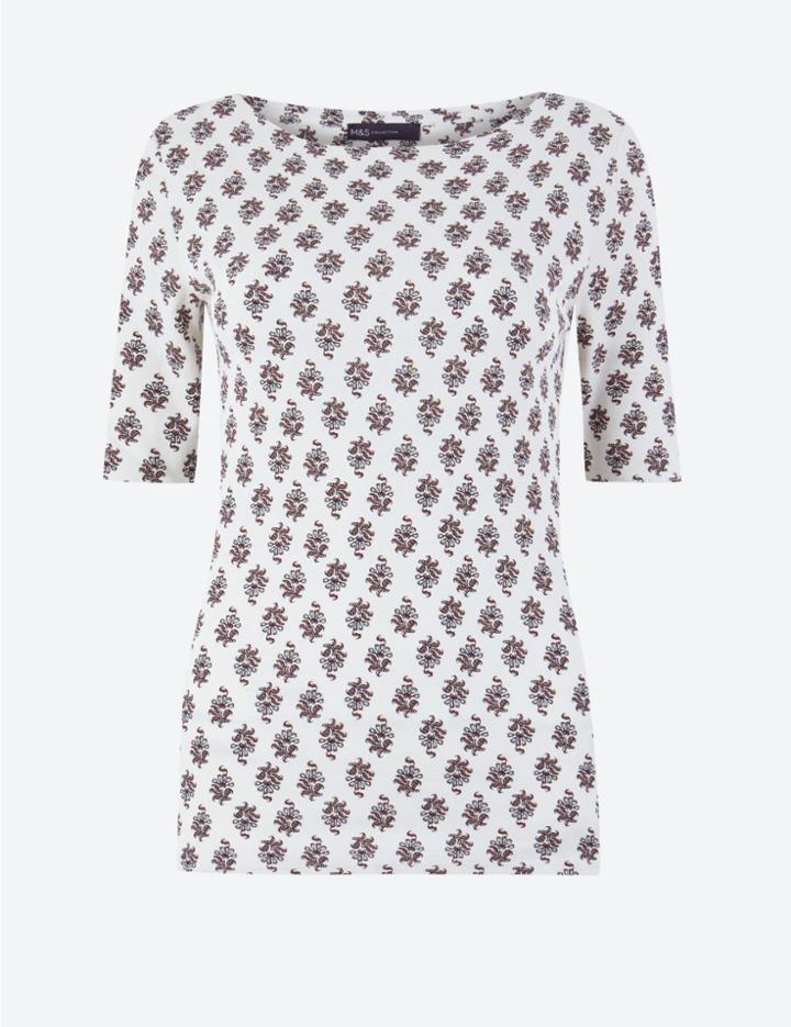 Marks & Spencer Floral Boat Neck T-shirt Cream Mix