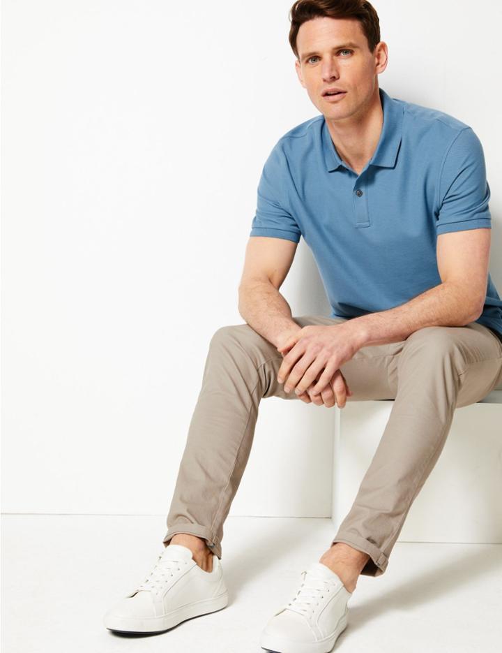 Marks & Spencer Pure Cotton Polo Shirt Mid Blue