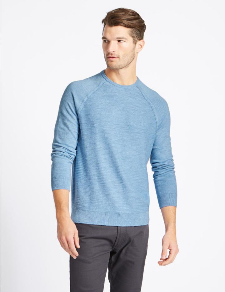 Marks & Spencer Pure Cotton Slub Crew Neck Jumper Ice Blue
