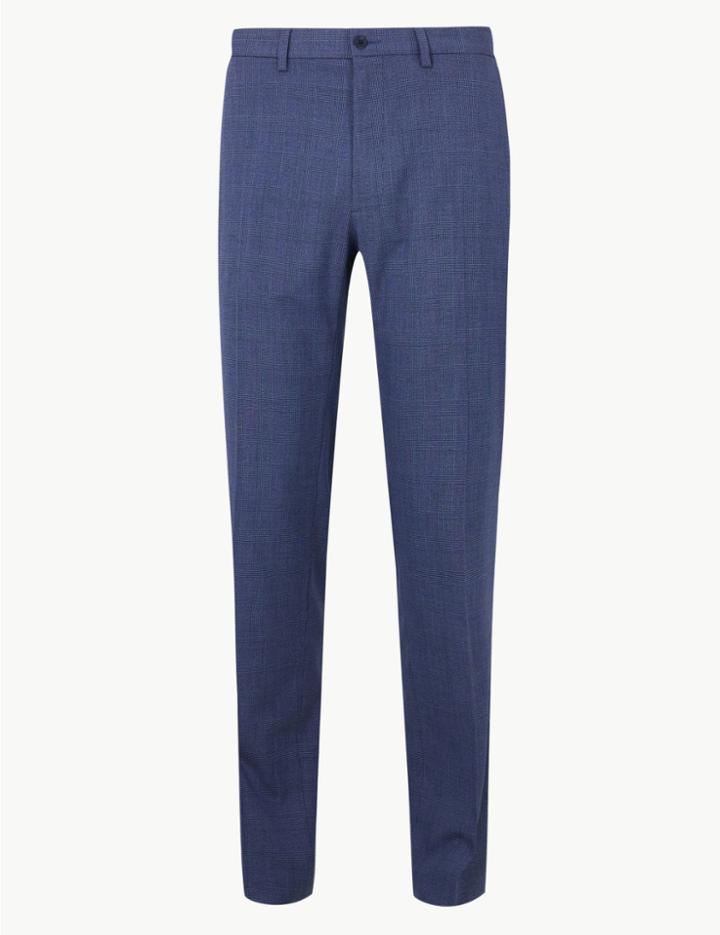 Marks & Spencer Tailored Fit Checked Flat Front Trousers Blue Mix