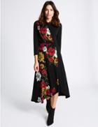 Marks & Spencer Floral Print 3/4 Sleeve Bodycon Midi Dress Black Mix