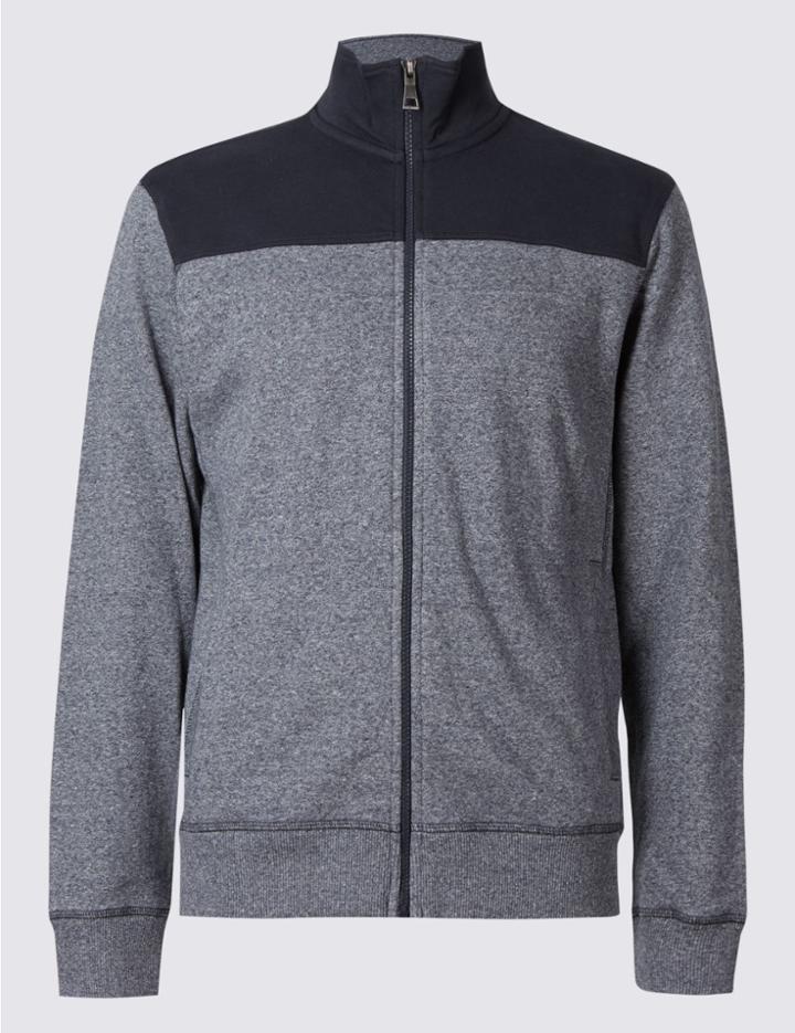 Marks & Spencer Pure Cotton Zipped Through Sweatshirt Navy Mix