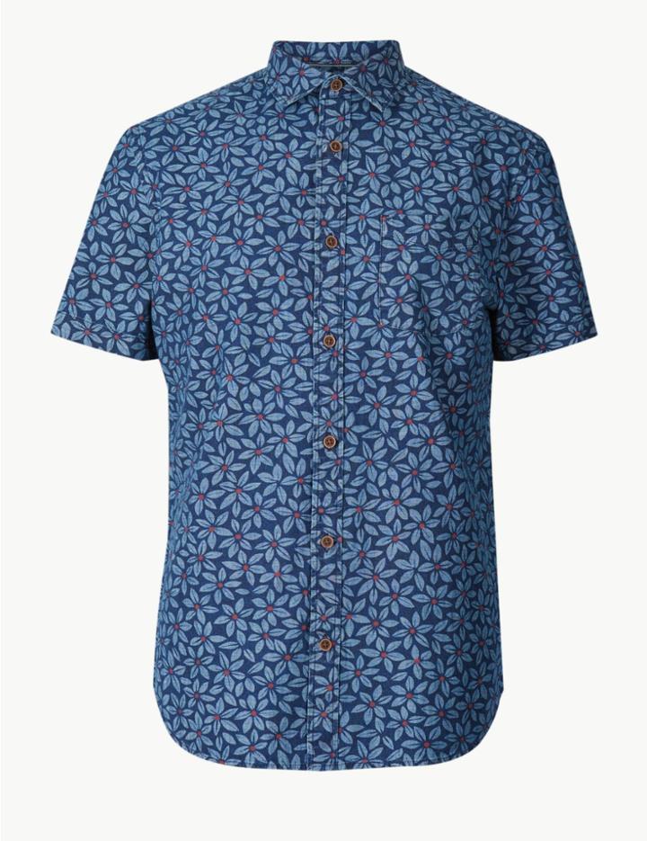 Marks & Spencer Pure Cotton Flower Print Shirt Chambray