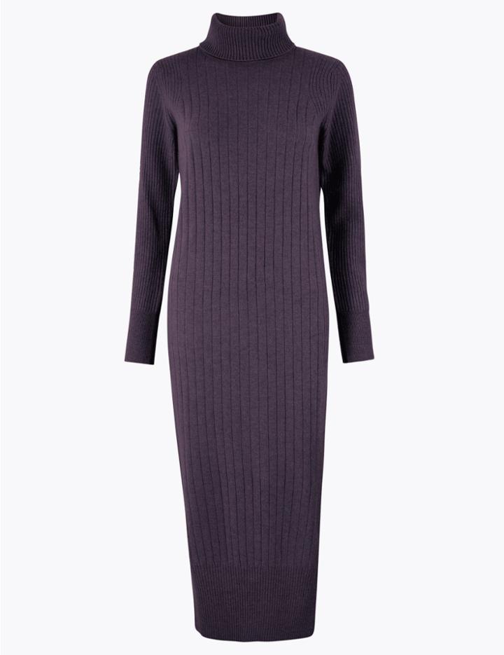 Marks & Spencer Pure Cashmere Ribbed Knitted Dress Mulberry