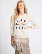 Marks & Spencer Cotton Rich Embroidered Sweatshirt Oatmeal